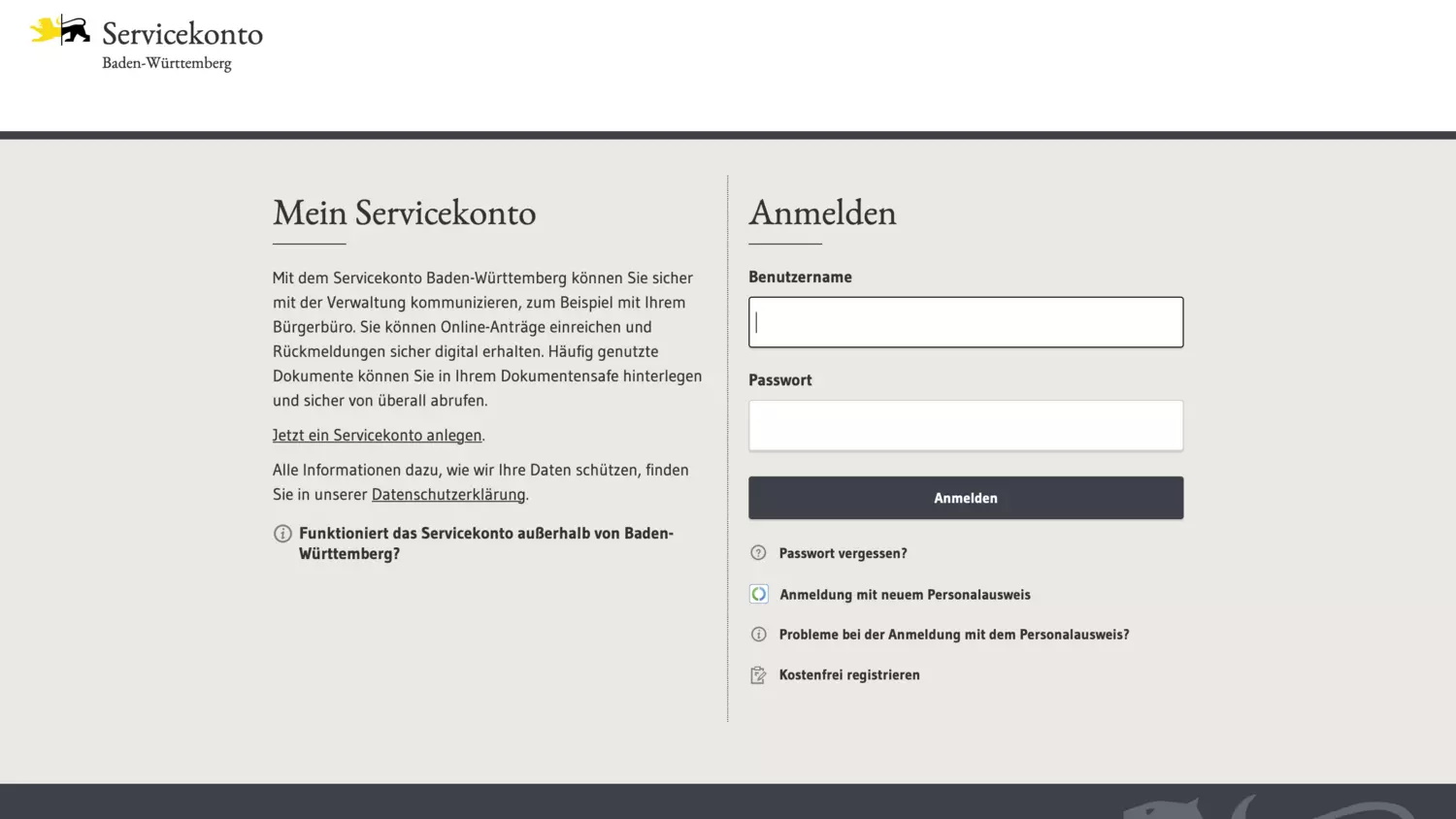 Screenshot Service BW - Kontoanmeldung